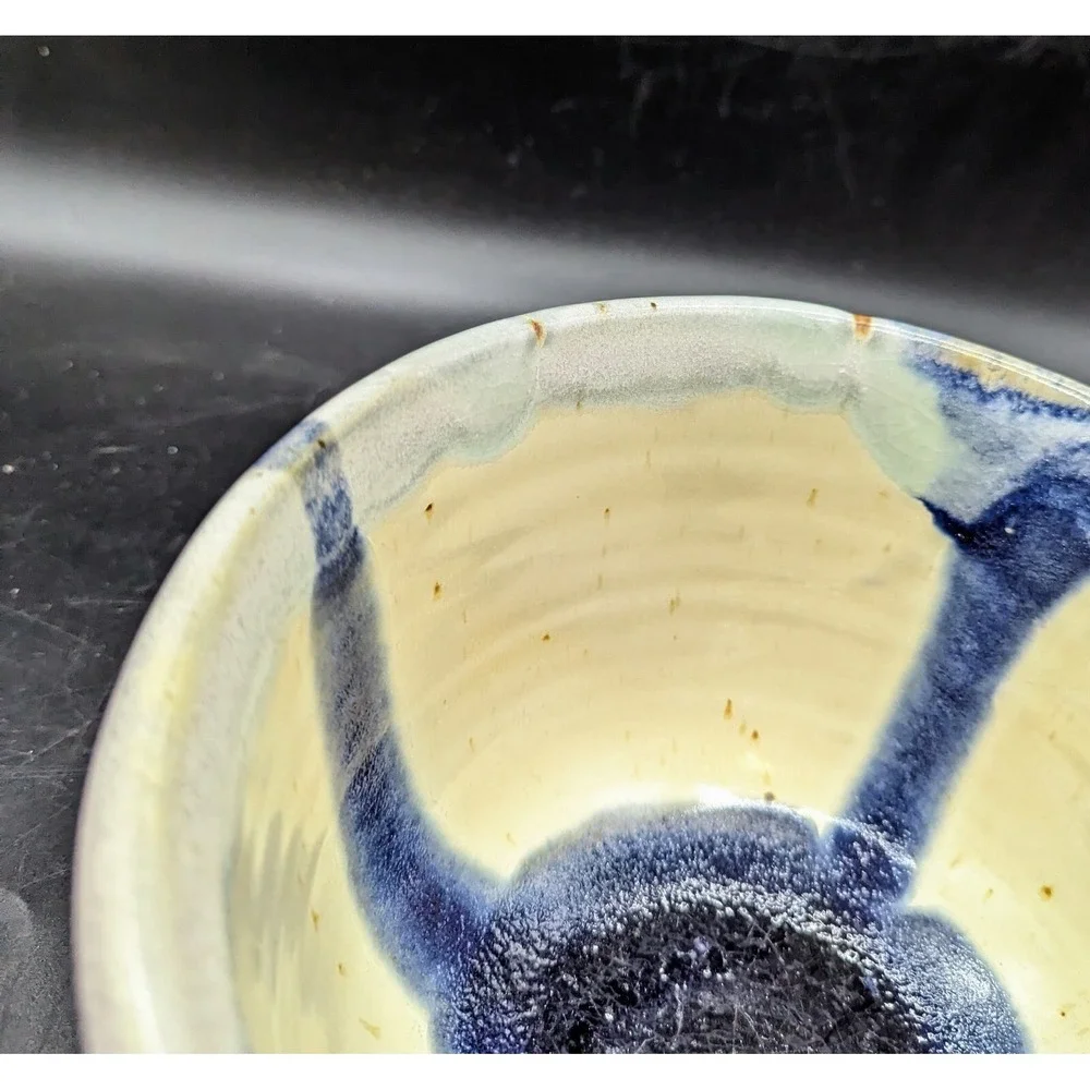 Vintage Handmade Studio Art Pottery Blue Drip Glaze Decorative Bowl Signed 7.5